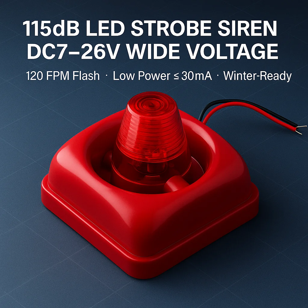 

Engineering-Grade Fire Strobe Siren · 115dB · LED Flash 120FPM · -40°C Winter-Ready · DC12/24V Alarm for Shop/Factory/Entrance