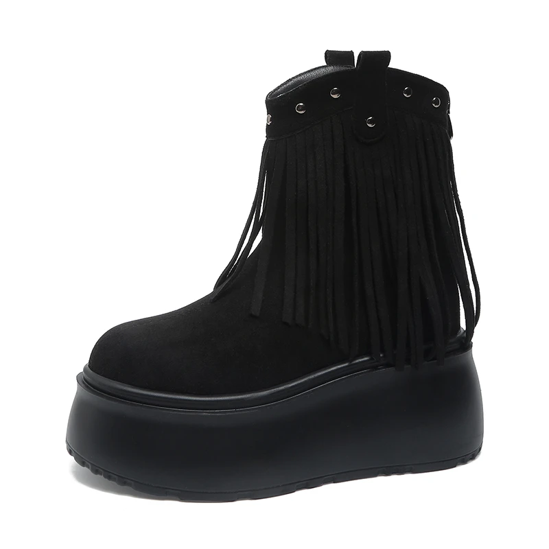 女性タッセルハイヒール-8-センチメートル厚いプラットフォームショートブーツ分厚い革の靴女性秋冬プラットフォームオートバイブーツボタス