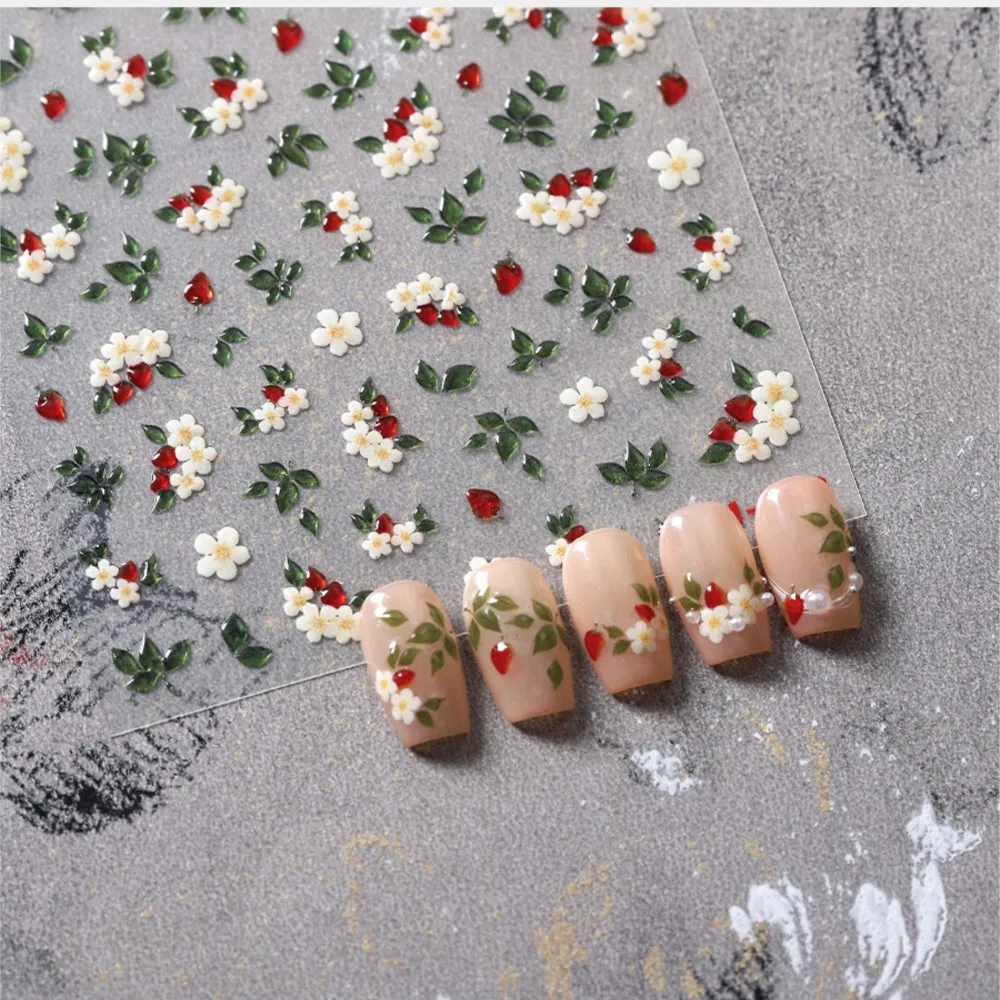 5D in rilievo gelatina foglia verde adesivi per unghie carino rosso fragola decalcomanie per unghie autoadesiva primavera estate verde floreale per unghie supplie