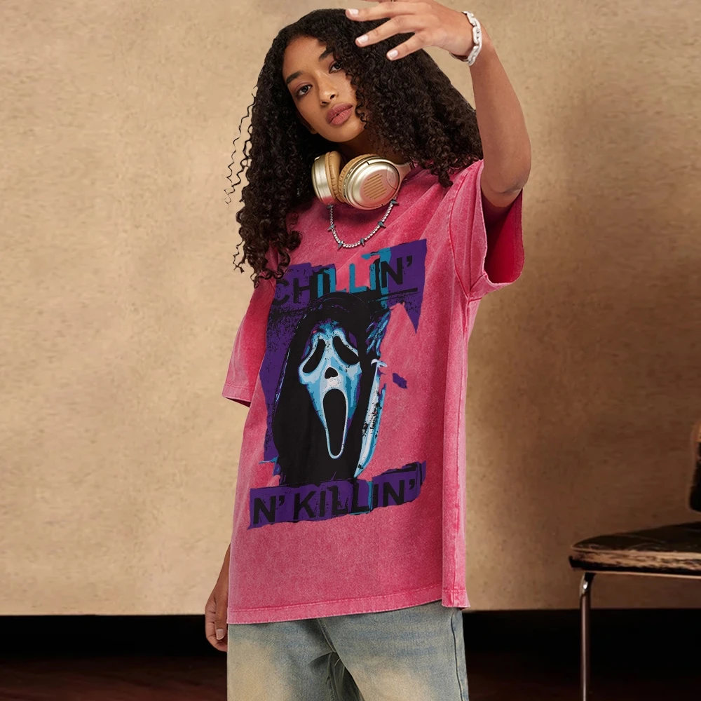 Horror Contrasting Color Skull Print T-Shirt Japanese Style Round Neck Retro Washed Denim Casual Trend New Short Sleeves