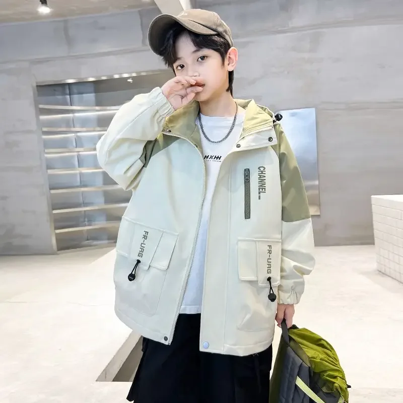 4-14Yrs Teens Boys Spring Autumn Pocket Jacket 2026 New Casual Clothes Large Children\'s Zipper Hooded Windproof kid overcoat