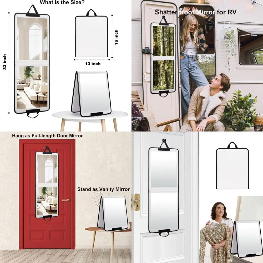 مرآة قابلة للطي كاملة الطول مقاومة للكسر، مقاس 33 × 13، باللون الأبيض، مثالية لغرف الضيوف والمركبات الترفيهية #1