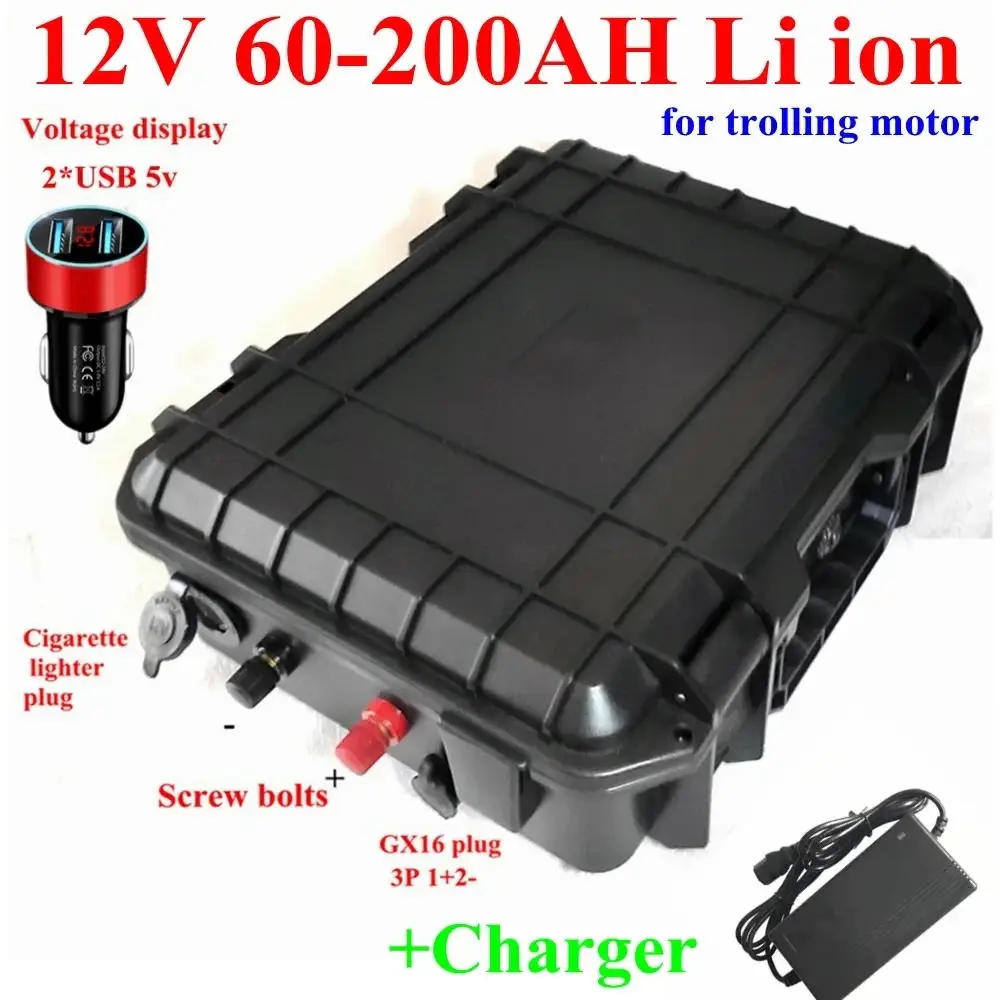 waterproof 12V 60Ah 80Ah 120Ah 150ah 180ah 200ah Lithium ion battery for trolling motor boat propeller+10A Charger