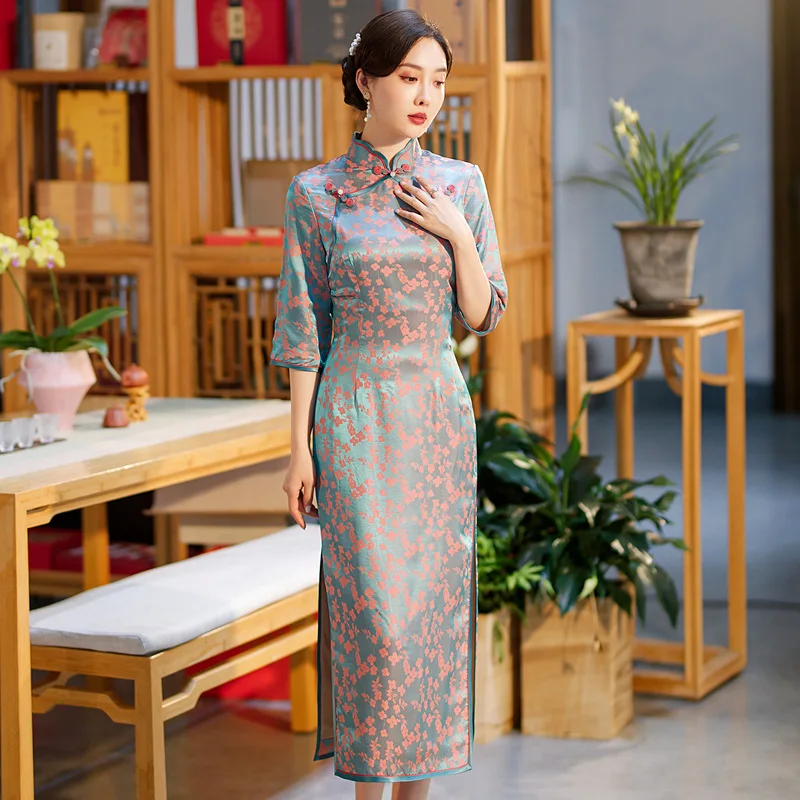 High-End Cheongsam Qipao Retro Cropped Sleeves Quality Real Silk Dress Chinese Chi-Pao