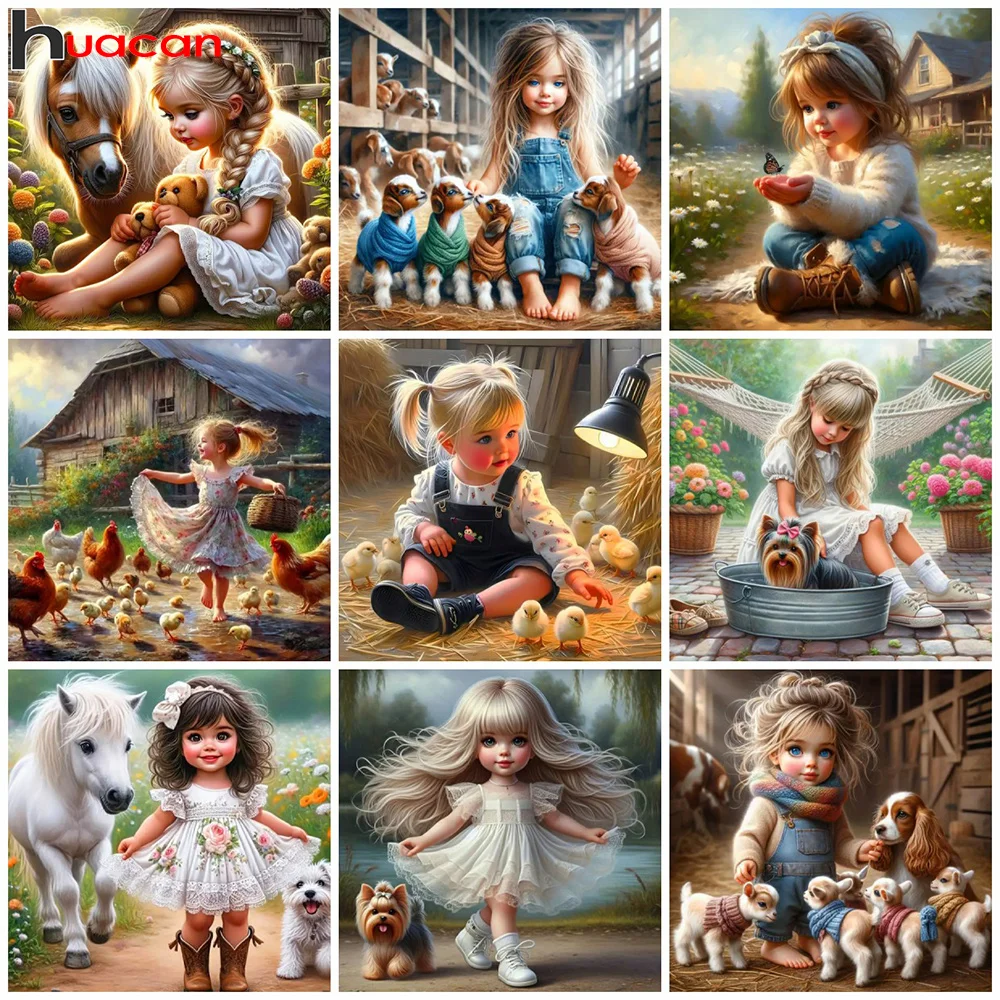 Huacan Diy Diamond Painting Portrait Girl Full Embroidery Animal 5d Mosaic Landscape Farm Home Art Rhinestone Decoration