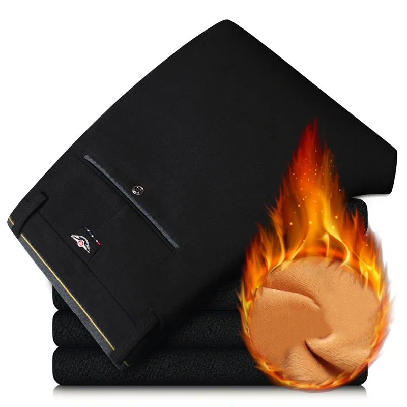 

2025 Winter New Classic Men's Fleece Casual Pants Thickened Straight Slim Warm Business Casual Office Male Velvet Trousers