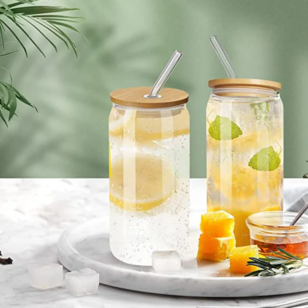 

2 set Glass Juice Cup With Bamboo Lid Clear Water Bottle For Coffee Tea Iced Beverage Home Outdoor Party Use Portable Drinking
