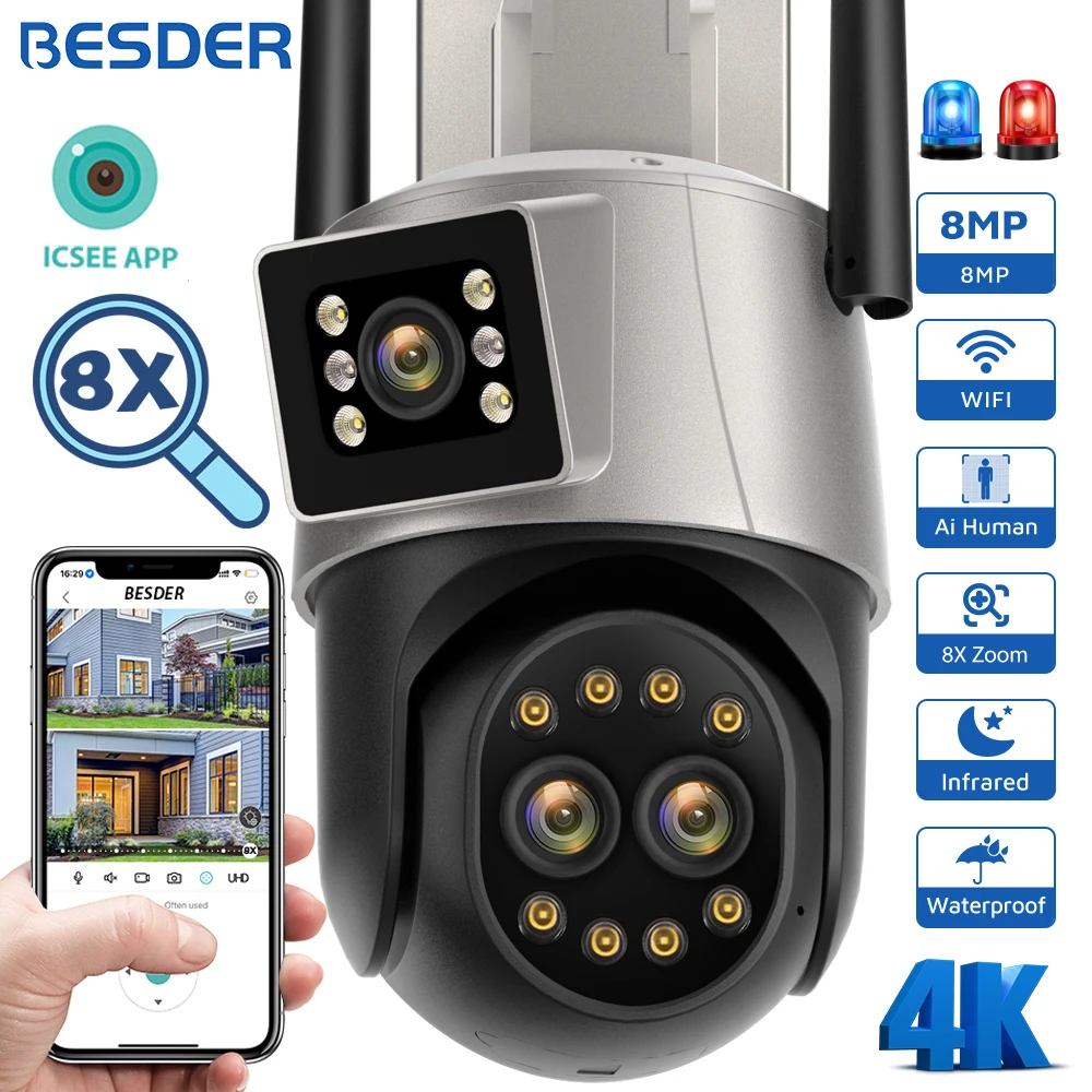 

BESDER PTZ IP Camera 8MP Outdoor Dual Screens 8X Digital Zoom AI Auto Tracking Audio 4MP CCTV Wifi Surveillance Camera iCSee App