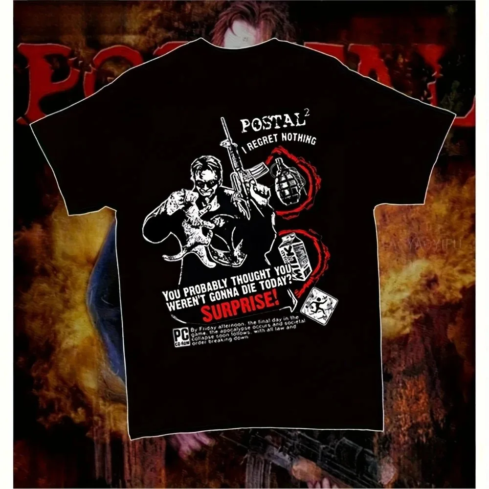 Black Video Game Tee with Postal Dude Weapons Crew Neck Shirt Postal Dude Humorous Action Graphic T-Shirt Oversized Tee Clothing