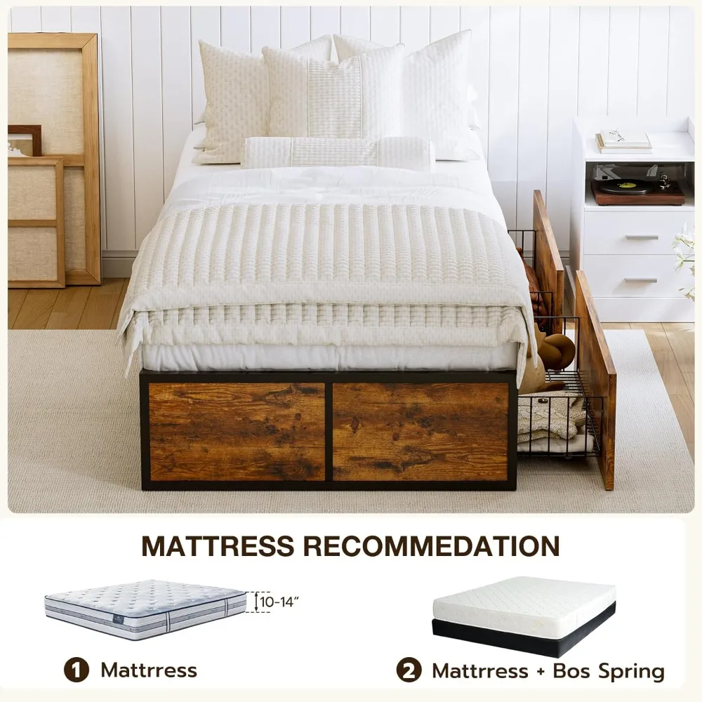 إطار سرير معدني مزدوج الحجم مع أدراج تخزين XL ولوح للقدمين، وسرير بمنصة دعم قوية