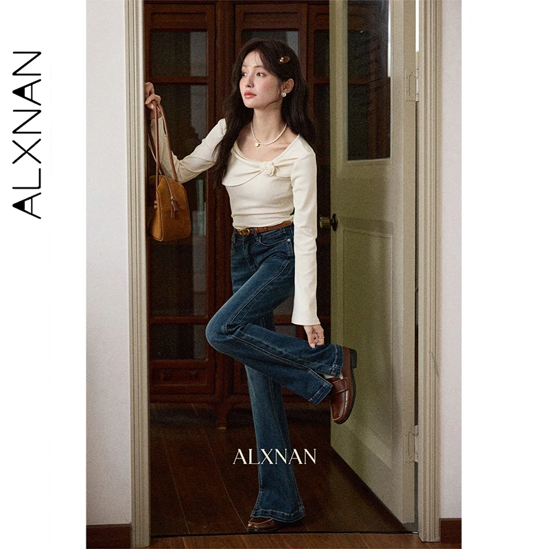 ALXNAN Vintage Blau Split Jeans frauen Herbst Gerade Baumwolle Denim Hosen Lässig Elegante High-taille Büro Dame Hosen L56975