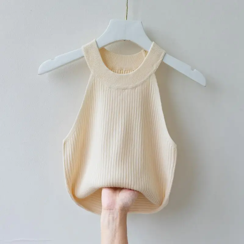 Summer Slim Sleeveless Knit Tank Top Small Suspender Women's Solid Patchwork Screw Thread Round Neck Hanging Neck Bottom Vest