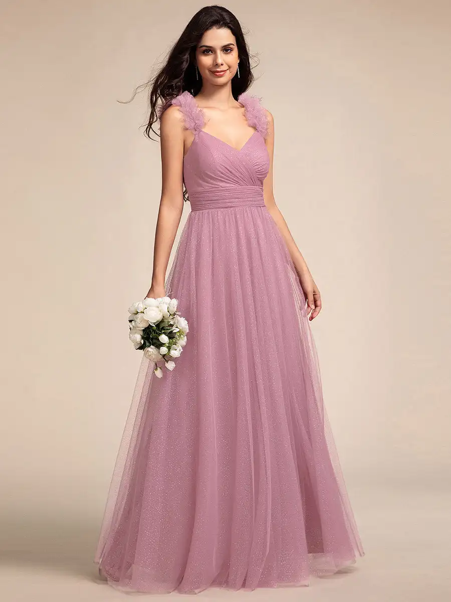 Elegant Evening Dresses V Neck Flying sleeve Tulle Gold Stamping Pleated decoration 2024 Ever Pretty of Orchid Bridesmaid Dress