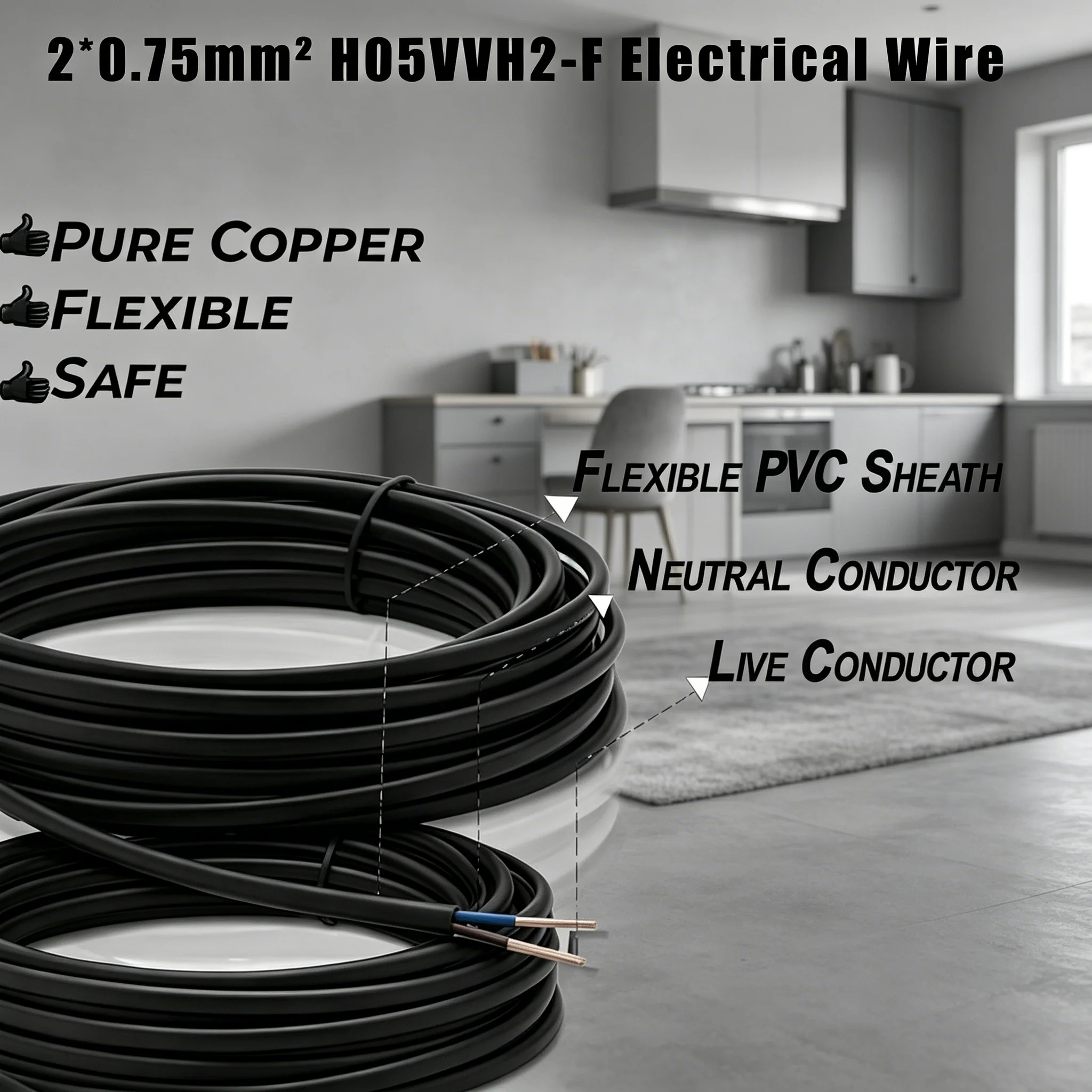 Flat Power Cord 2x0.75mm² H05VVH2-F, PVC Extension Cable Ultra Thin Flexible for Table Lamp Fan Under Carpet Door Gap
