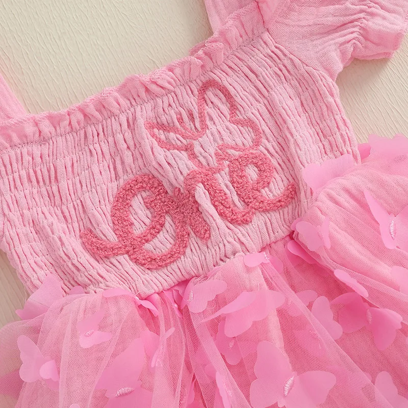 

0-18 Months Baby Girls Rompers Dress Embroidered 3D Butterfly Ruffles Short Sleeve Skirt Hem Bodysuits with Headband