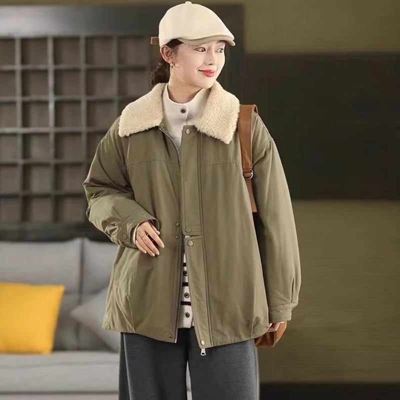 

Толстые теплые повседневные парки для женщин, Новое поступление, зима 2025 года, простой стиль, с отложным воротником, однотонная женская верхняя одежда, пальто M2043