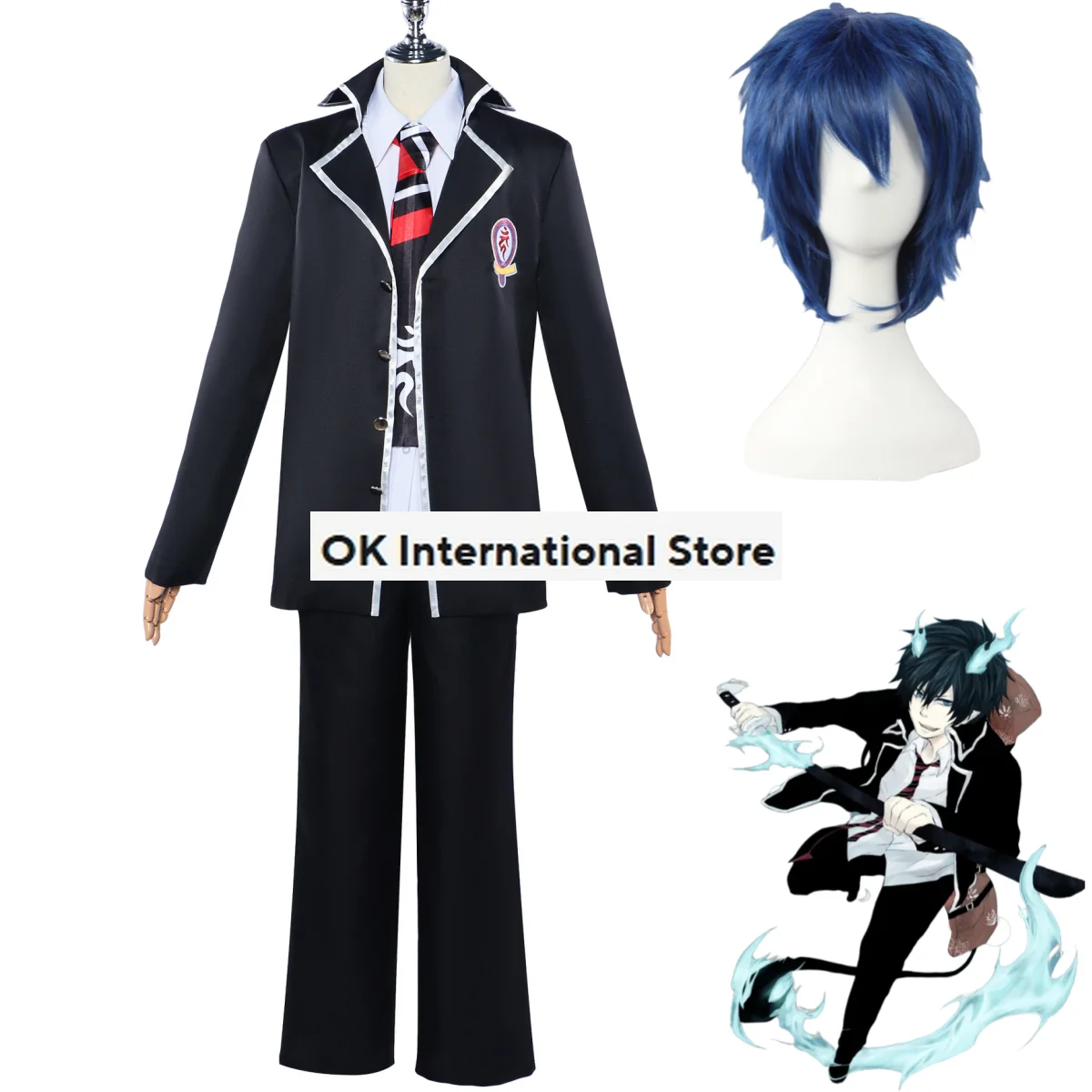 Anime Ao No Exorcist Okumura Rin Cosplay Costume Wig Japanese School Uniforms Full Set Adult Man Halloween Christmas Suit