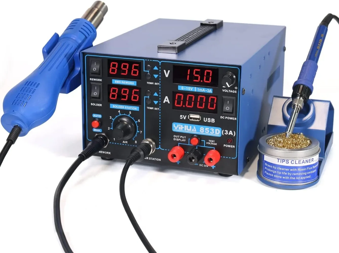 3A-Three Tools- Soldering Station Hot Air Rework Station and Power Supply 0~3A 0-15V with output and test modes