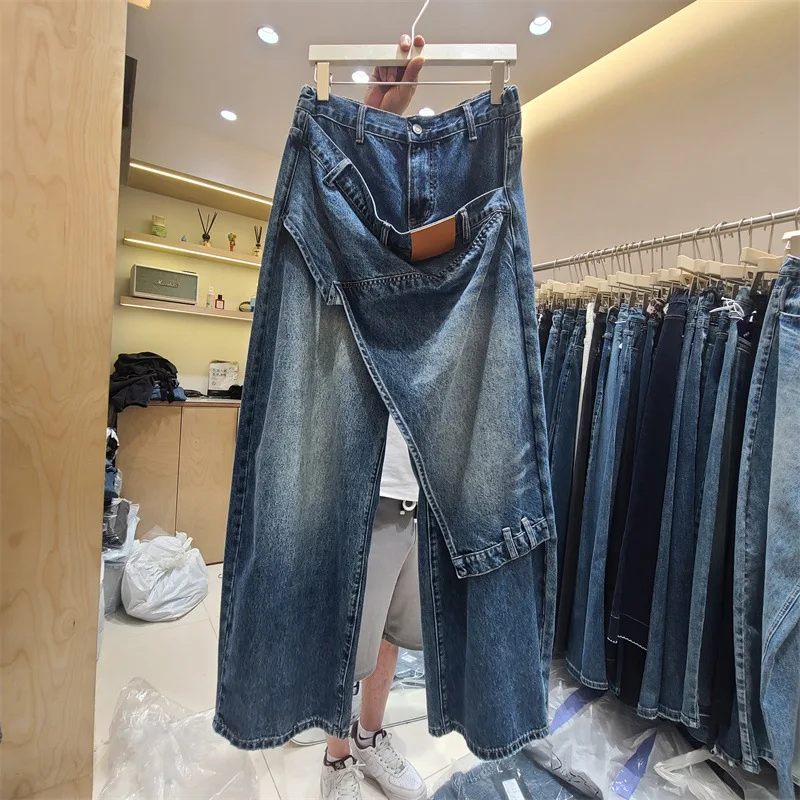 SuperAen 2026 Summer Style High Street Casual Asymmetrical Patchwork Straight Denim Skirt Pants Women Full Length Pants