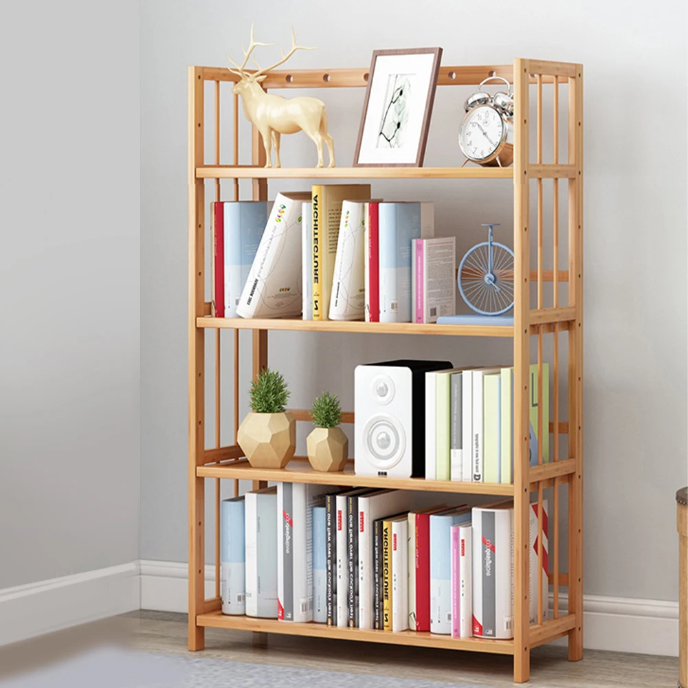 4-Tier Bamboo Shelf Multi-Function Simple Bookcase Reusable Free-Standing Storage Rack for Bathroom Kitchen Living Room