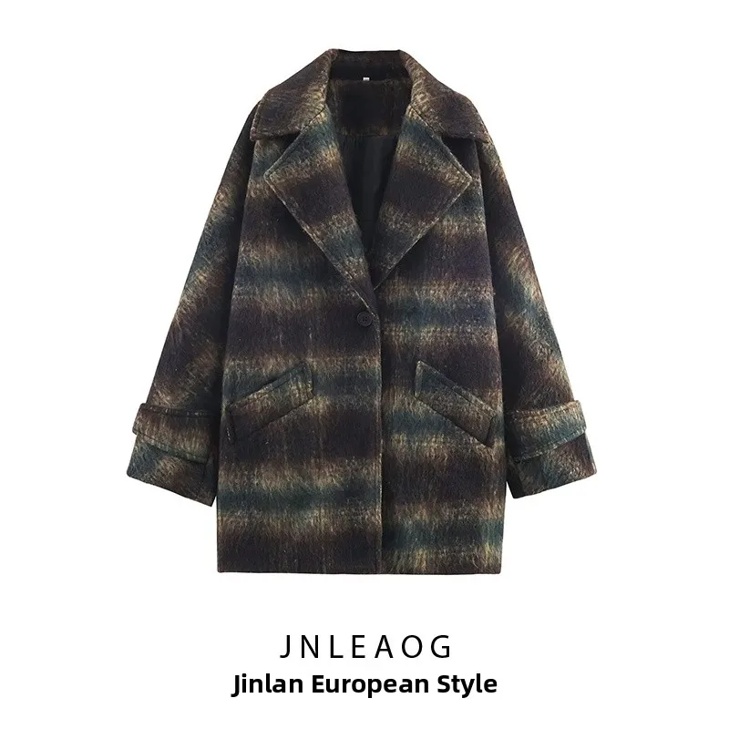 JNLEAOG 秋の新作レディースファッショナブルなミックスチェック柄ショートパンツコートオーバーコートストリートスタイル長袖ポリエステル繊維