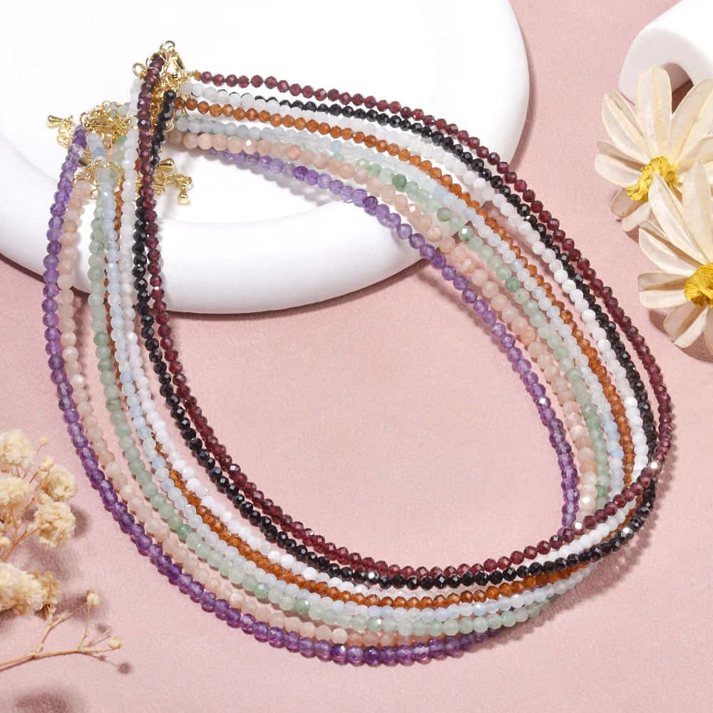 Wholesale 3mm Natural Stone Garnet Amethyst Sunstone Faceted Round Beads Necklace Elegant Gemstone Jewelry For Women Girl
