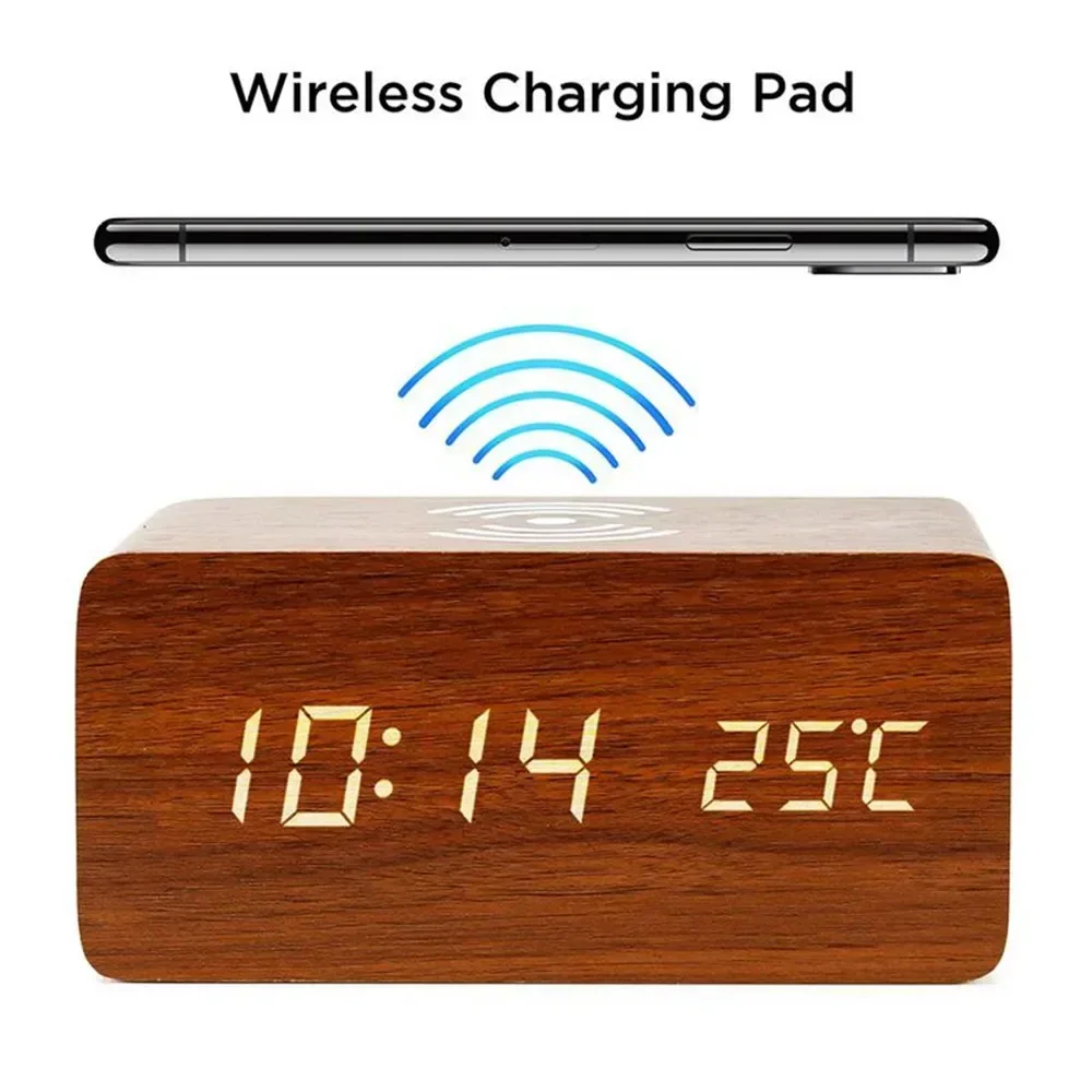 【セール中】ワイヤレス充電付き木製デジタル目覚まし時計、時間、日付、温度を表示するLED時計、オフィス用デスククロック、ベッドサイドクロック