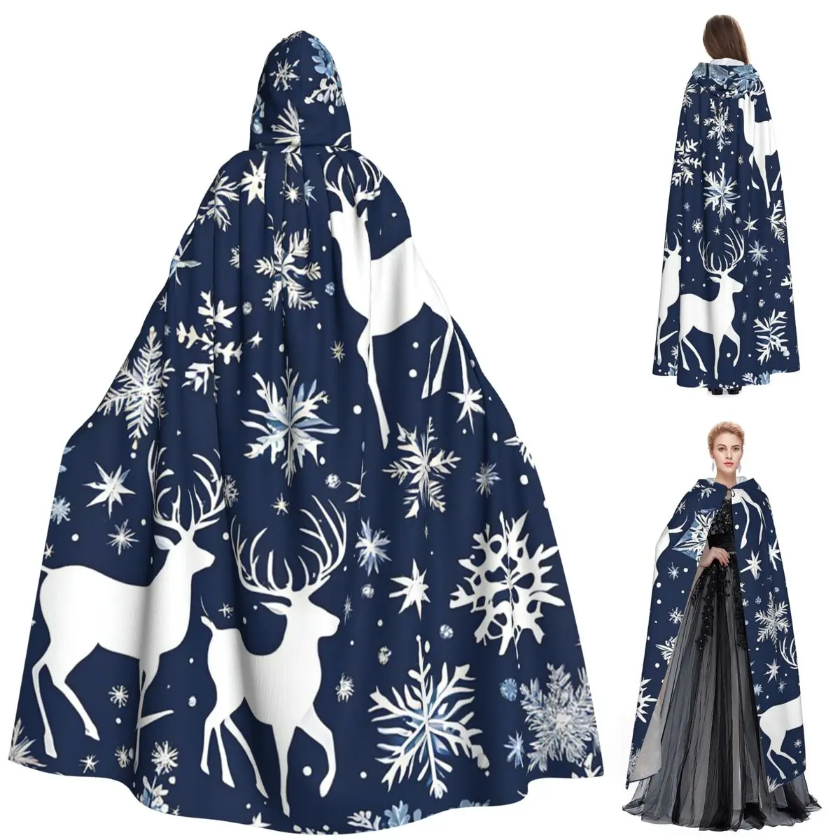 عيد الميلاد الأزرق والأبيض طويل مقنعين عباءة الساحرة القرون الوسطى زي تأثيري كيب هالوين مصاص دماء الكبار للجنسين