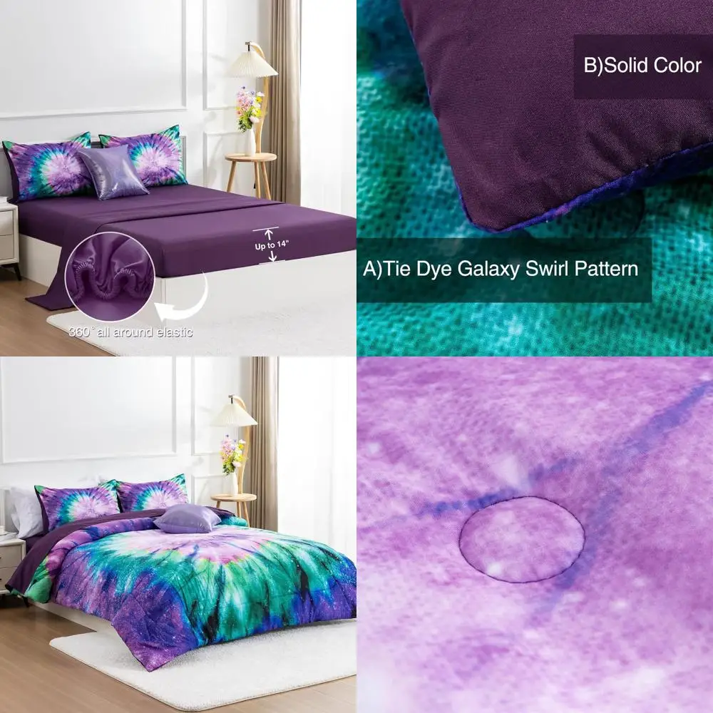 

Full Size Tie Dye Galaxy Comforter Set for Kids - Psychedelic Swirls, Purple Boho Style Bedding