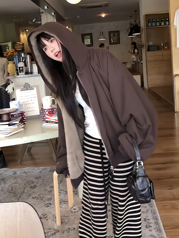 American Sle Double-Sided Wearable Cotton Jaet Quilted Thiened Warm Fur Collar Hooded Coat for Men And Women Couples