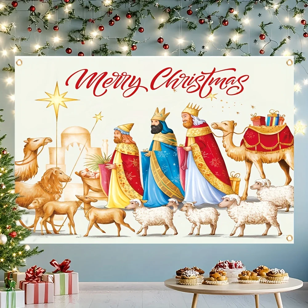 Christmas Scene Tapestry Nativity Story Three Wise Men Camels Sheep Festive Decoration Holiday Season Wall Art Home Decor