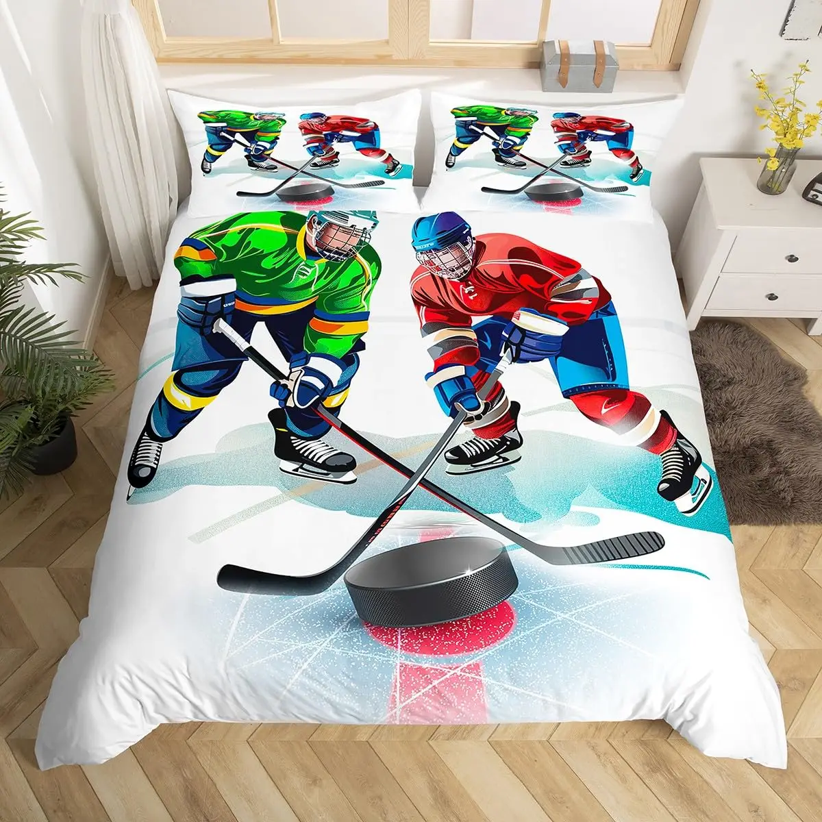 

Hockey Player Duvet Cover King Queen Ice Hockey Bedding Set for Boys Winter Game Comforter Cover Teens Sports Event Quilt Cover