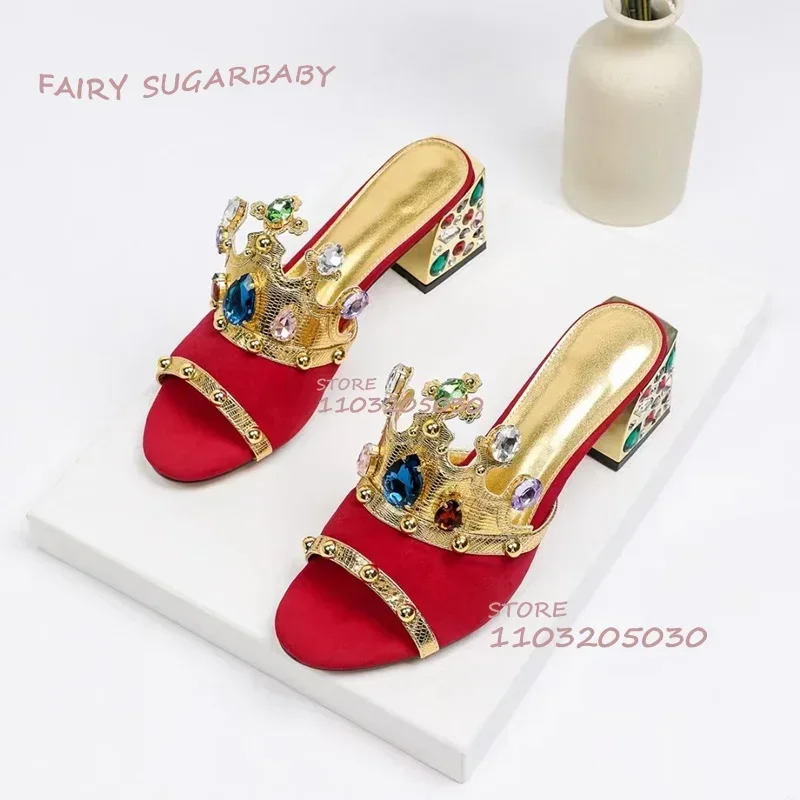 

Red Suede Gold Crown Slippers Women Palace Style Peep Toe Sandals Blue Crystal Inlaid Open Heels Thick Low Heels Summer Shoes