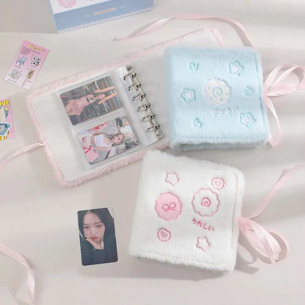 Plush 3in Plush Photocard Holder 2 Grids Ribbon Idol Photo Card Binder Fluffy Strap Ties Cartoon Photocards Collect Volume