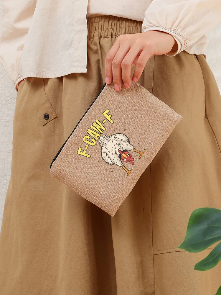 2025 New F-Caw-F Funny Chicken F Caw F Rooster Meme Women Linen Makeup Bag Linen Cosmetics Bag Party Gift Mother Girlfriend