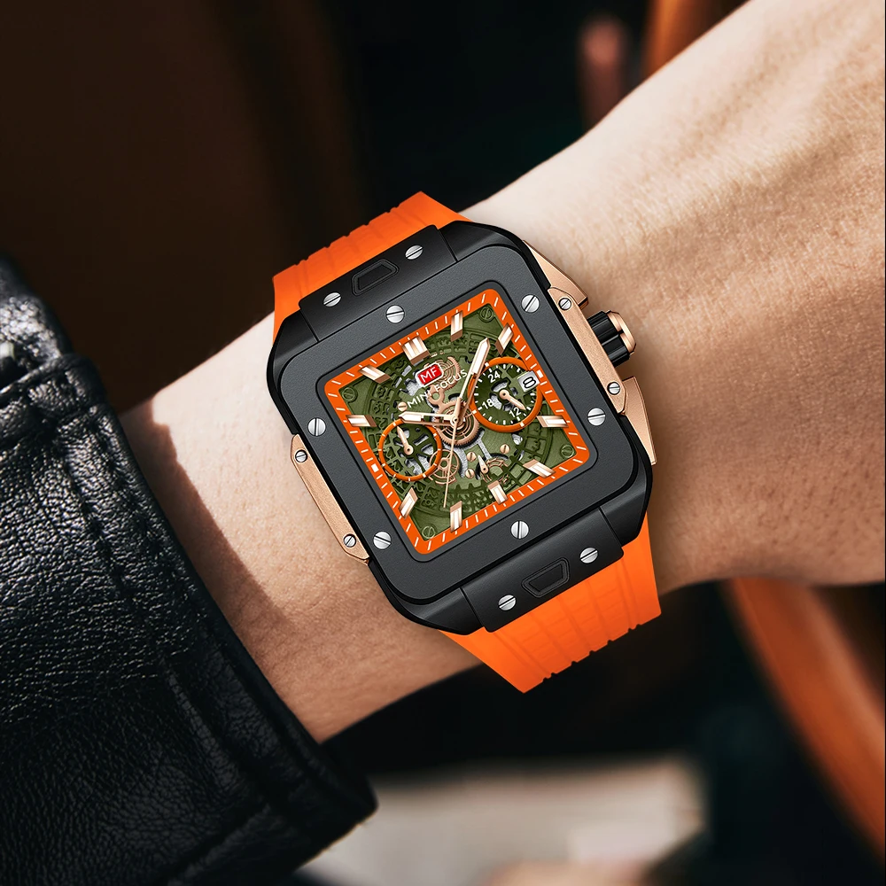 2024 New Square Watch Men Fashion Sport Orange Silicone Type Quartz Wristwatch Leisure Waterproof Chronograph Relogio Masculino