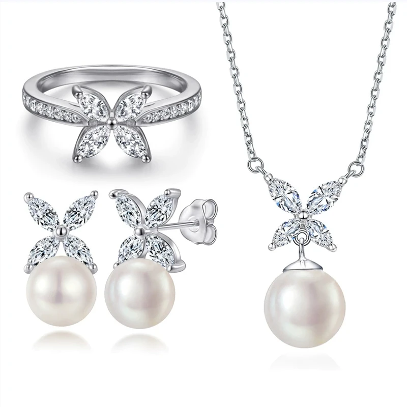S925 sterling silver jewelry set for women, featuring European and American butterfly rings, natural shell pearl earrings, four-