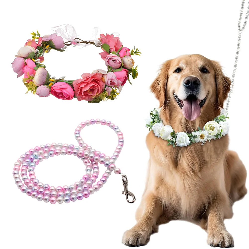 Dog Flower Collar and Leash Set for Large Dogs Pearls Beaded Dog Leash Collar Bows for Wedding Attire Wreath Pet Photo Prop