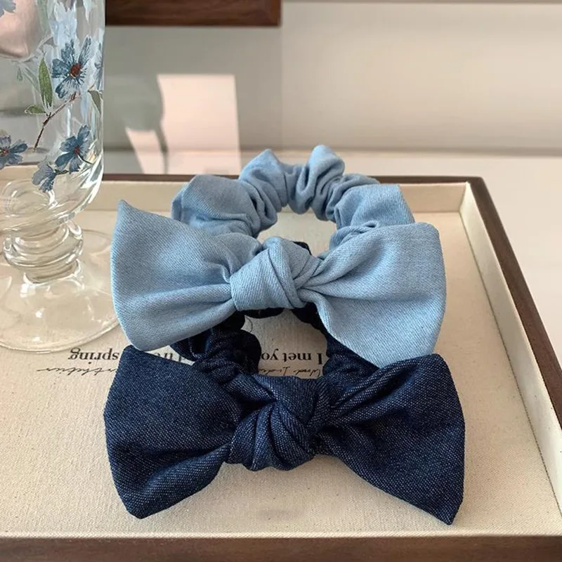 French Retro Denim Bow Hair Ties Headband Women\'s 2024 New Simple and Versatile Premium Hair Tie Rubber Band