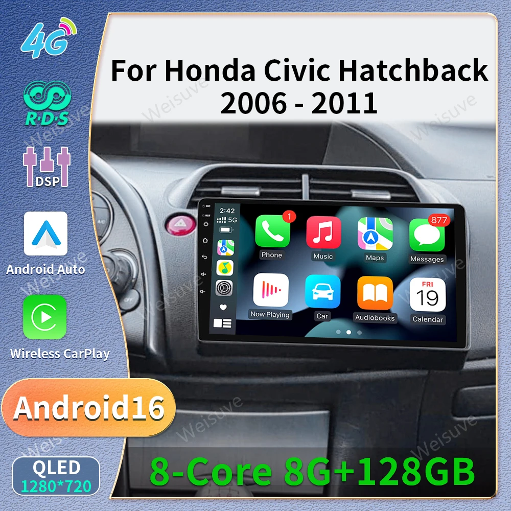 9" Android 16 Carplay For Honda Civic Hatchback 2005-2011 Car Radio Auto Multimedia Video Player GPS Navigation No 2Din DVD WIFI