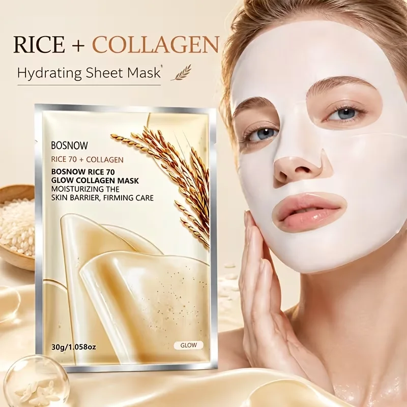 4Pcs/8Pcs/10Pcs Rice 70+ Brightening Collagen Mask, Deeply Hydrating and Moisturizing, Leaving Skin Hydrated and Nourished, Caring for the Skin Barrier, Repairing Damaged Skin, Making Skin Smooth, Keeping Skin Hydrated and Healthy at All Times, Suitable for Dry and Sensitive Skin, Say Goodbye to Dry, Dull, and Rough Skin, Unisex