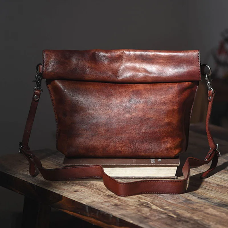 Designer original natural genuine leather men\'s messenger bag fashion handmade real cowhide folding anti-theft shoulder bag