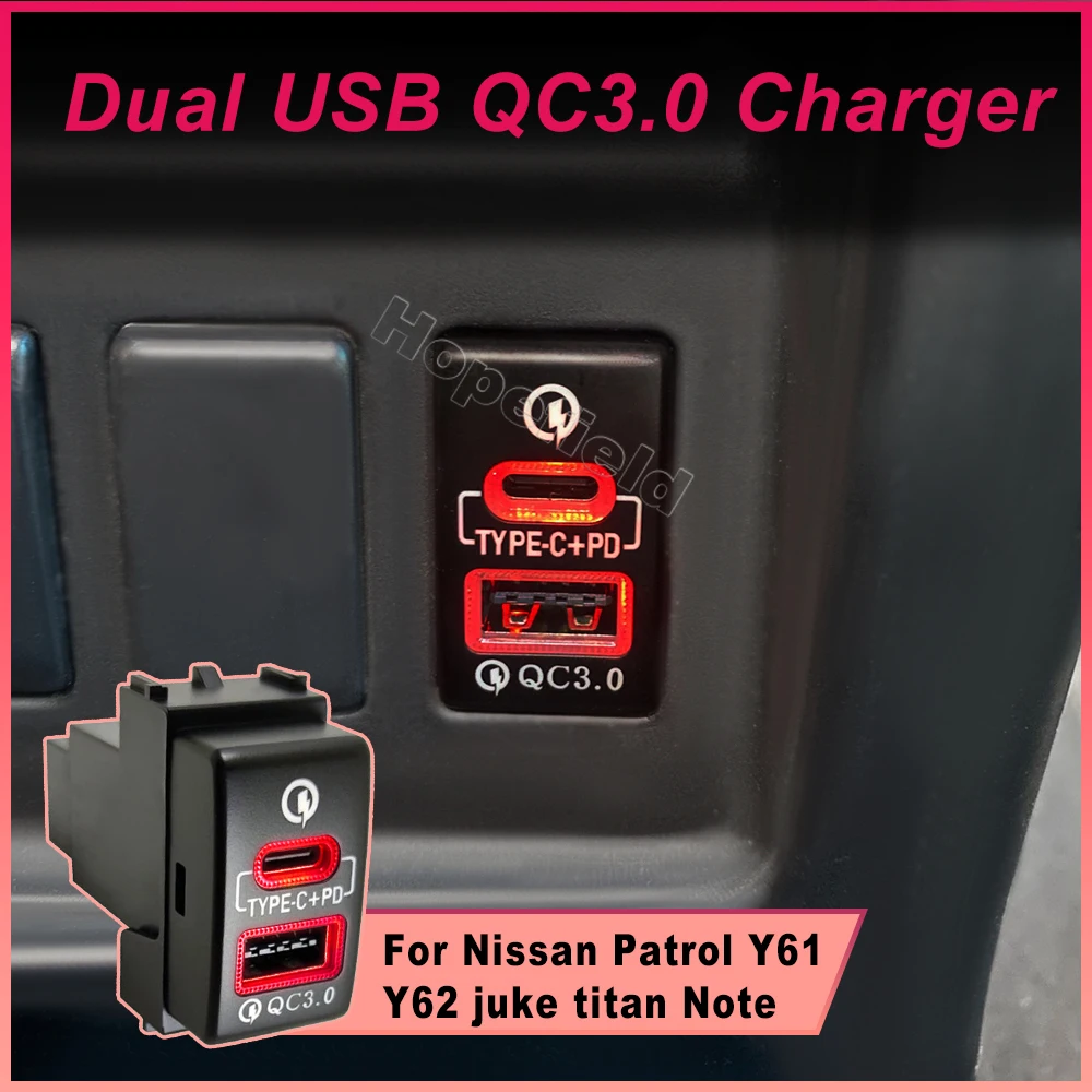 

Dual Port USB Charger QC3.0 Type-C PD Refitted Fast Charging Socket Adapter For Nissan Patrol Y61 Y62 titan pathfinder Note juke