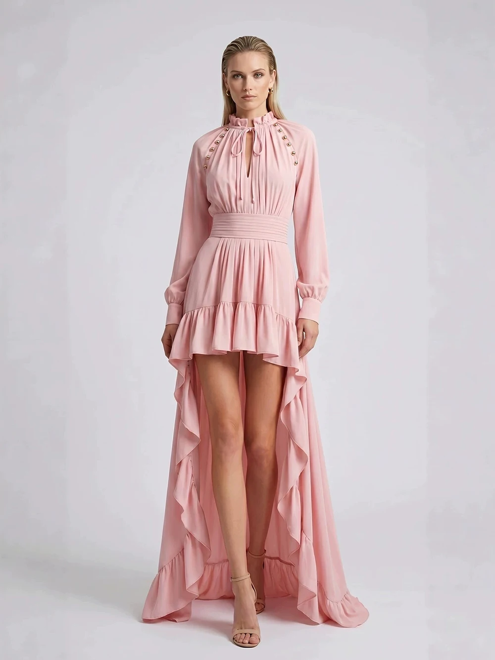 

2026 New French Pink Front Short Back Long Dress With Irregular Waist Cinching And Grand Banquet Dress Long Skirt