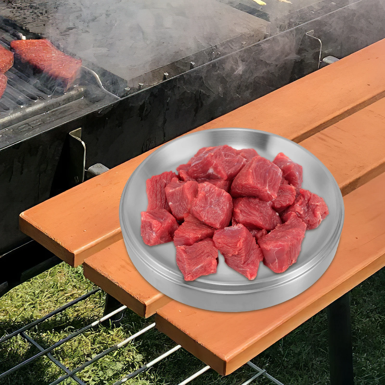 

Stainless Steel BBQ Grilling Platter Multi Purpose Round Serving Tray for Meat Gas Grill Compact Stackable Design Easy Clean