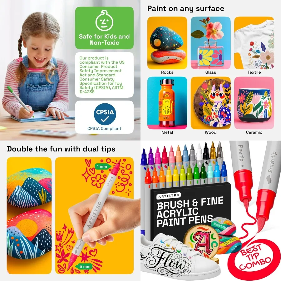 فرشاة ARTISTRO 24 ذات طرف مزدوج + أقلام طلاء أكريليك رفيعة مثالية للخط والأعمال الفنية المفصلة على القماش والزجاج الصخري DIY Pr #1