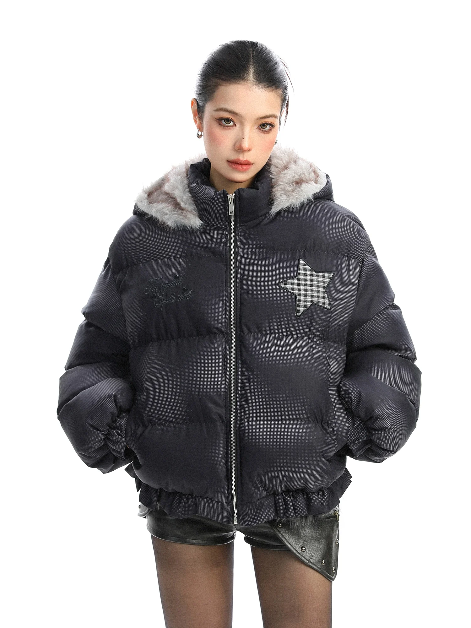 

Утепленное зимнее пальто женское уличного стиля с капюшоном, вышитыми буквами, хлопковое пуховое пальто с меховым воротником, теплое пальто-пуховик