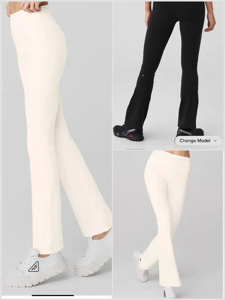 

LO Yoga High Waist Women Leggings Stretch Flared Pants Tights With Pockets Push Up Fitness Running Sportswear Solid Color Pants