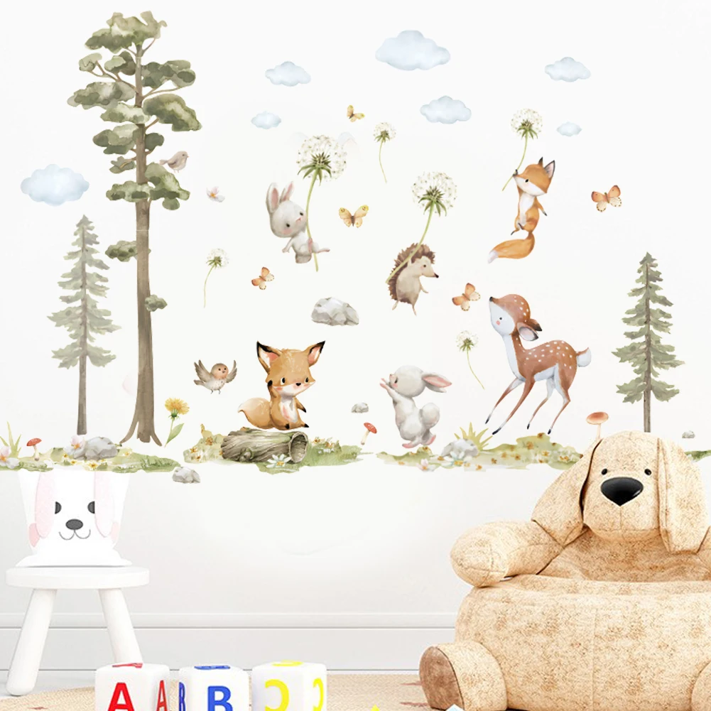 Cute Cartoon Animal, Deer, Squirrel Forest Wall Stickers for Kids Bedroom Baby Room Decoration Wall Decals Room