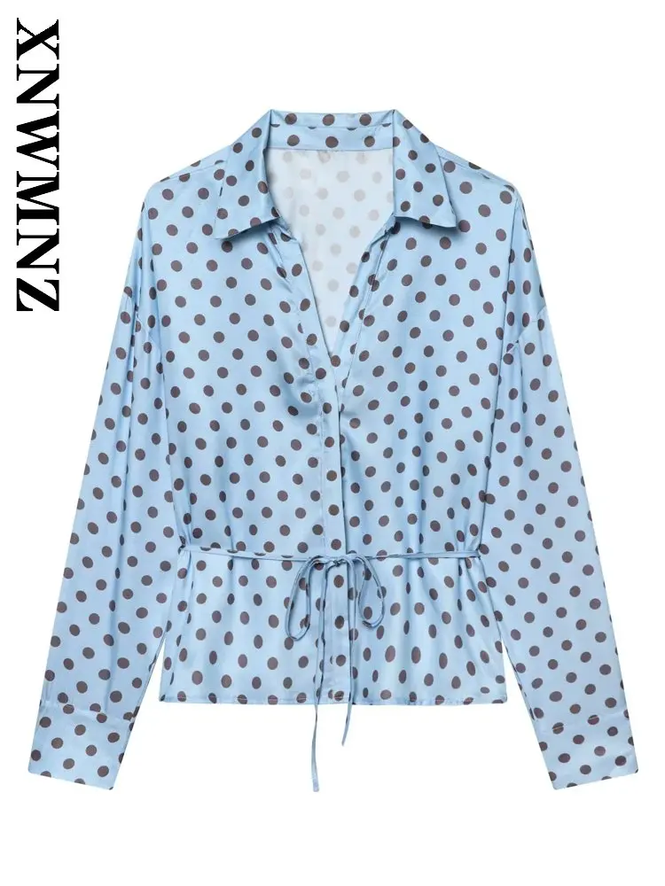 

XNWMNZ 2026 Spring New Lady Vintage Fashion Long Sleeve Long Sleeve Top Chic Party Woman Turn-down Collar Casual Thin dot Shirt